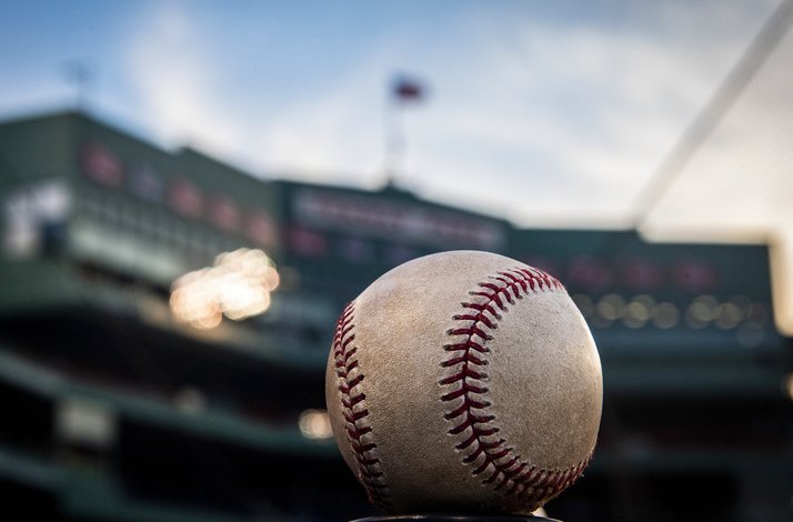 Close-up of a baseball ball on the pitcher's mound at Fenway Park