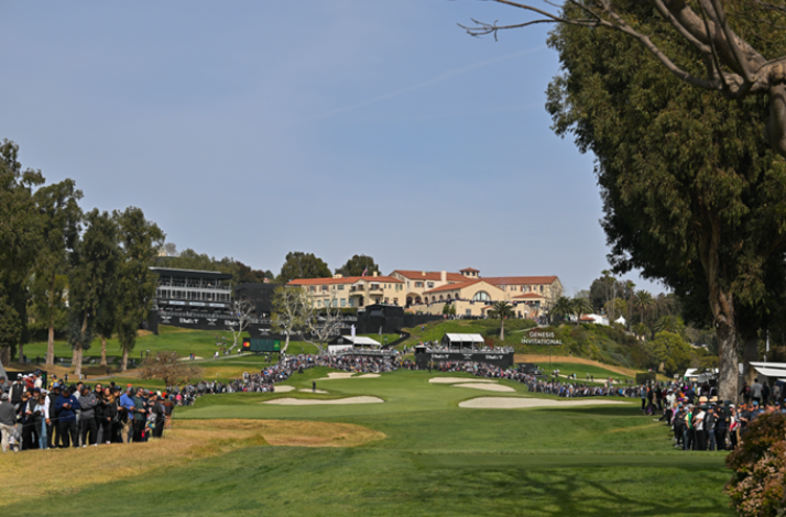 The golf field, club house and public at a The Genesis Invitational Golf Tournament in Riviera Country Club.