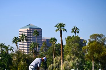  golfer putting on a green against a backdrop of palm trees and a tall building.