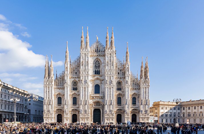 Skip the ticket line and save on a guided tour of the Milan Cathedral: In Milan, Italy Front facade of the Milan Cathedral, Milan, Italy.