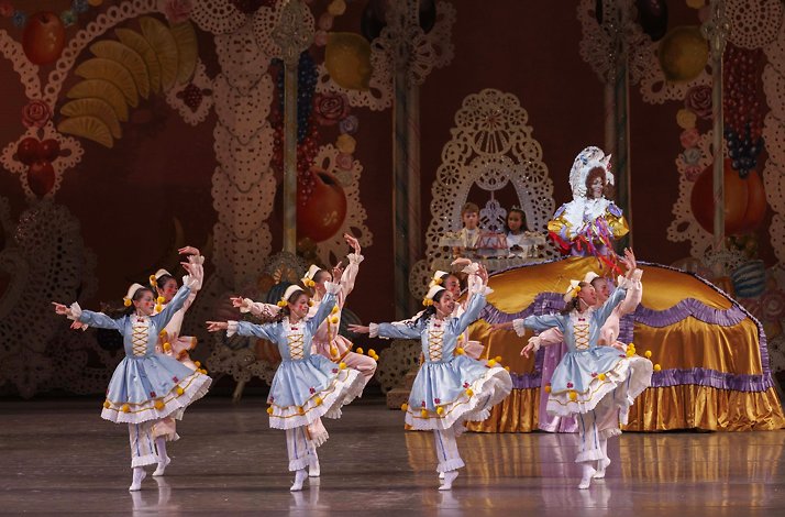 Dancers in blue constumes performing on stage. Photo Credit: Erin Baiano. Courtesy of New York City Ballet