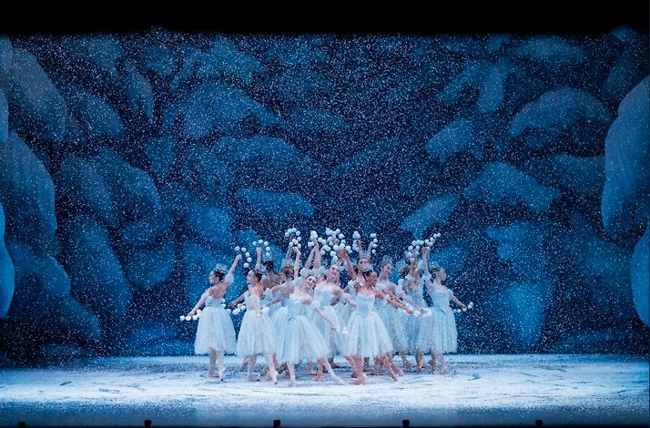 Scene from NYCB's The Nutcracker with Snowflake dancers on a snowy stage.