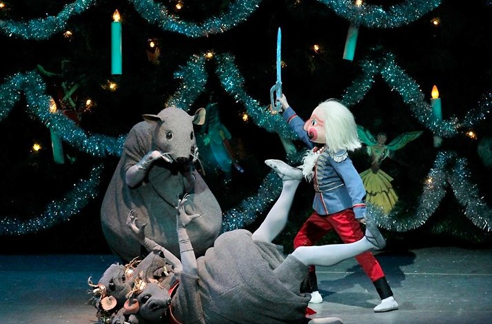 Battle scene from NYCB's The Nutcracker featuring the Nutcracker and mice.