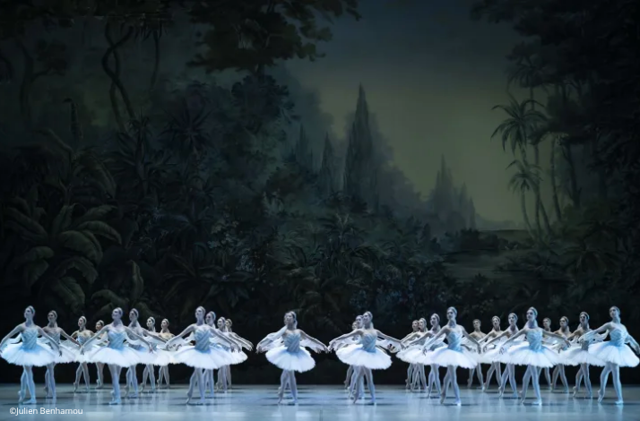 A corps de ballet of ballerinas in white tutus performs against a dark jungle backdrop in La Bayadère.