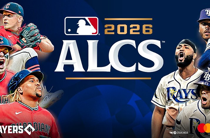 ALCS matchup graphic featuring Cleveland Guardians and Tampa Bay Rays players, with the MLB logo centered at top.