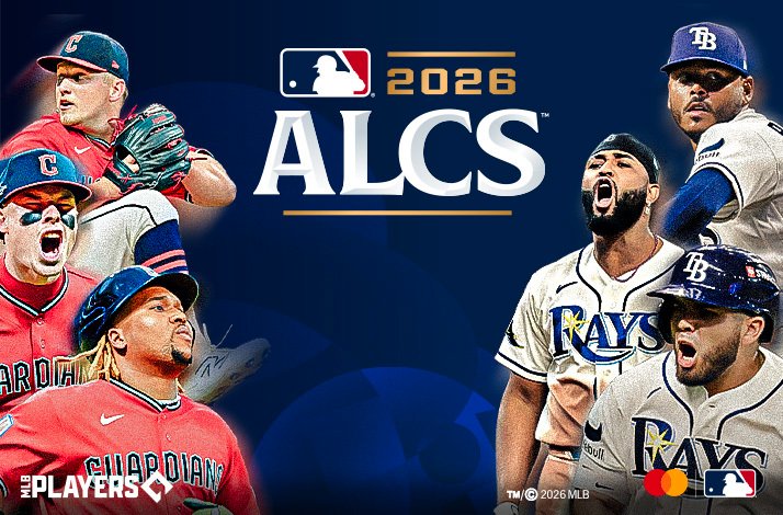ALCS matchup graphic featuring Cleveland Guardians and Tampa Bay Rays players, with the MLB logo centered at top.