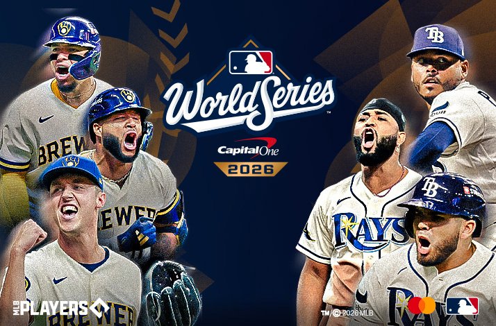 Six players of World Series, three players on each side of the image, MLB and Mastercard logos at the bottom right corner. 