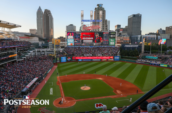 An elevated view of Progressive Field during a baseball game, featuring packed stands, the field, and the Cleveland skyline.