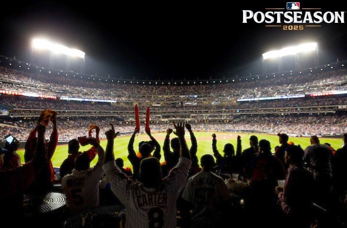 Promotional poster for Postseason 2025 MLB inside of a crowded stadium