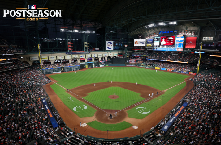 Daikin Park hosting a 2026 MLB Postseason game, with a stadium filled up with fans.