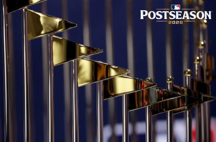 Gold-and-chrome MLB trophies displayed in a row, with 'Postseason 2026' text and MLB logo in upper-right corner.