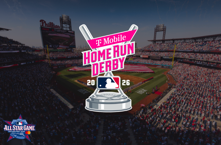 T-Mobile Home Run Derby 2026 trophy with the  Citizens Bank Park in the background. All-Star Game logo in the bottom left corner.