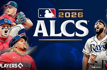 ALCS matchup graphic featuring Cleveland Guardians and Tampa Bay Rays players, with the MLB logo centered at top.
