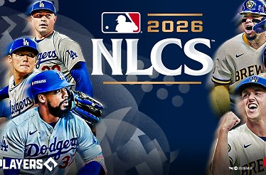 MLB 2026 NLCS matchup graphic showing Dodgers and Brewers players celebrating, with Mastercard and MLB Players logos.