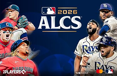 ALCS matchup graphic featuring Cleveland Guardians and Tampa Bay Rays players, with the MLB logo centered at top.