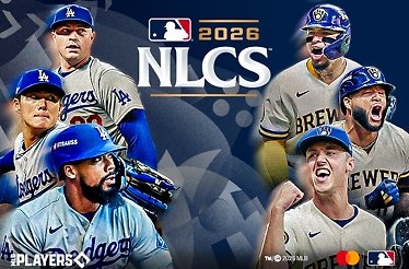 MLB 2026 NLCS matchup graphic showing Dodgers and Brewers players celebrating, with Mastercard and MLB Players logos.