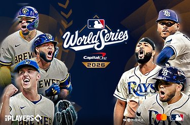 Six players of World Series, three players on each side of the image, MLB and Mastercard logos at the bottom right corner. 