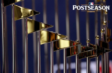 Gold-and-chrome MLB trophies displayed in a row, with 'Postseason 2026' text and MLB logo in upper-right corner.