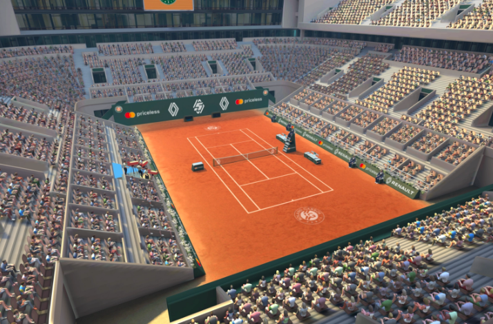 Above view at Roland Garros e-tennis stadium filled with fans during the match.