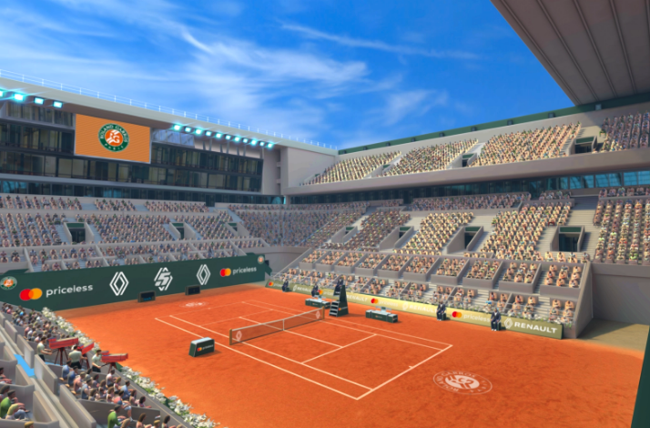 Gamified Roland Garros stadium filled with fans.