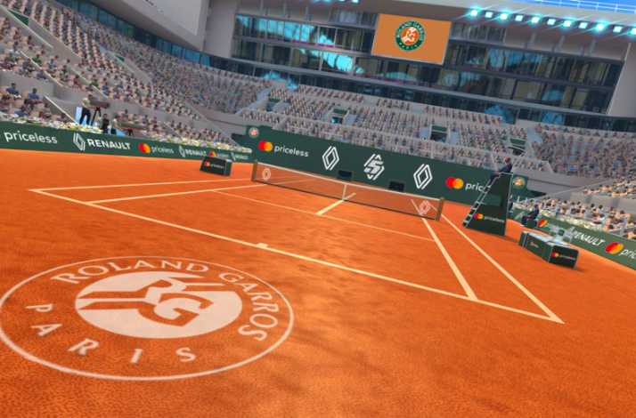 Roland-Garros clay court in Paris with crisp white lines, surface ready for tennis action.