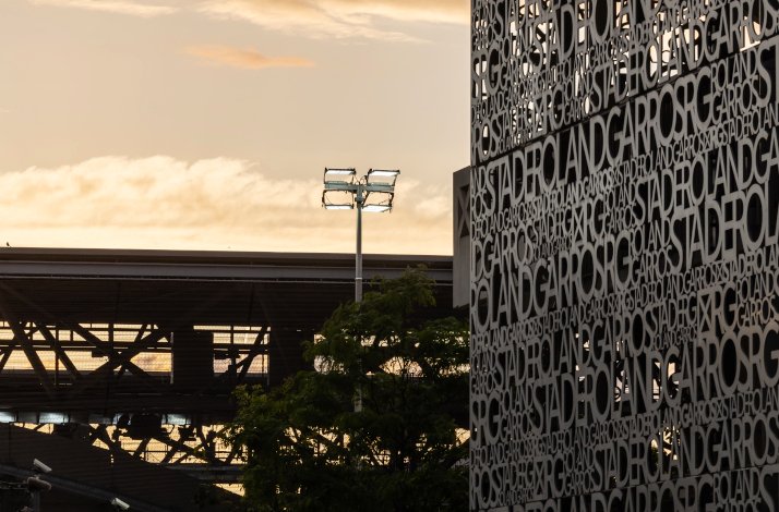 Modern architectural feature at the Roland Garros tennis stadium in Paris, France.