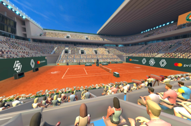 Sunlit clay-court Roland Garros stadium filled with fans.