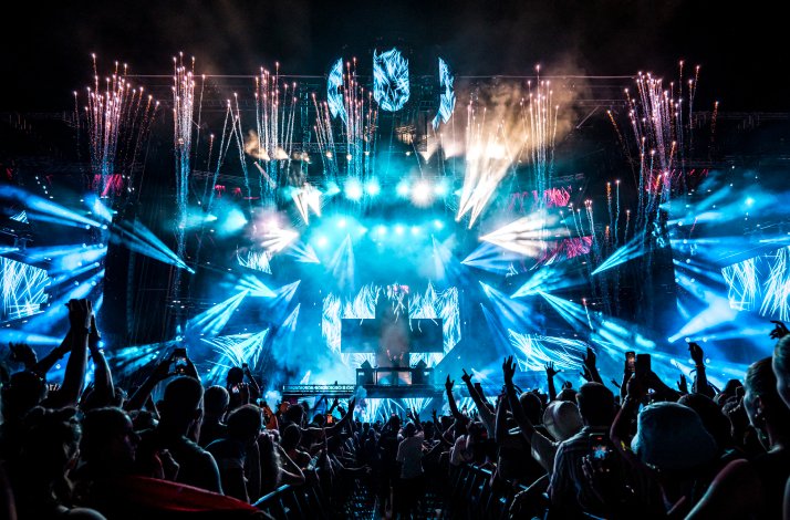 Ultra Europe festival stage with bright lights and fireworks above a cheering crowd, Split, Croatia.