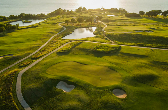 Bird’s-eye view of a golf field on a sunny day