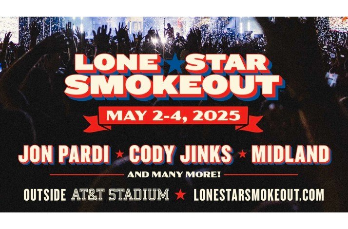 Promotional banner for Lone Star Smokeout for May 2–4 with Jon Pardi, Cody Jinks, and Midland artist names.