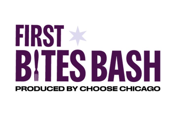 First Bites Bash logo in bold purple text with a fork and star, produced by Choose Chicago.