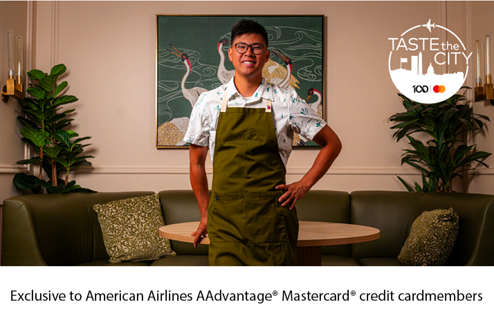 A portrait of Chef Kevin Tien, featured with the Taste the City and Mastercard logos. The text reads: Exclusive to American Airlines AAdvantage® Mastercard® credit cardmembers