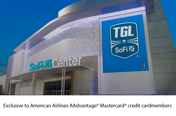 Exterior of SoFi Center featuring a large TGL SoFi event banner