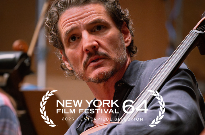 Actor Pedro Pascal looks up while holding a cello, overlayed with the 64th New York Film Festival logo.