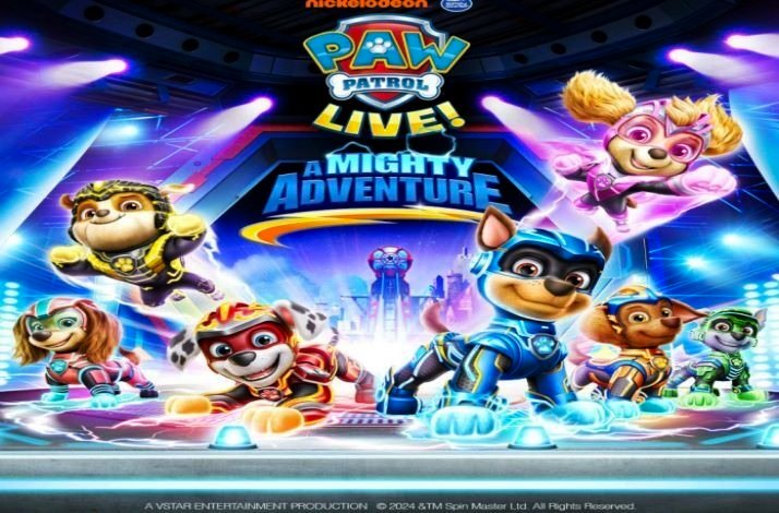 Promotional banner of  Paw Patrol Live! A Might Adventure, featuring Nickelodeon logo at the top. Text in the bottom - A vistar entertainment production  © 2024 &TM Spin Master Ltd. All rights reserved