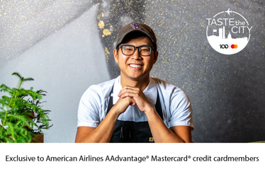 A portrait of Chef Kevin Tien, featured with the Taste the City and Mastercard logos. The text reads: Exclusive to American Airlines AAdvantage® Mastercard® credit cardmembers