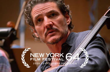 Actor Pedro Pascal looks up while holding a cello, overlayed with the 64th New York Film Festival logo.
