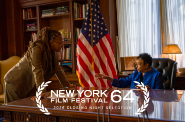 Two people conversing in a formal office with a U.S. flag, overlaid with 'New York Film Festival 64 — 2026 Closing Night Selection' text. Courtesy of Netflix.