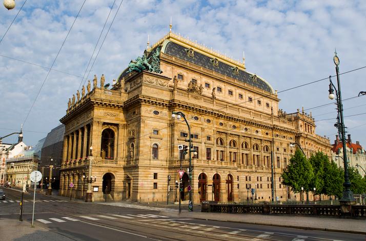 Exterior of Prague National Theatre on a city street in daylight.
