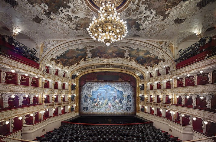 Interior view of the main concert hall at the State Opera House in Prague.