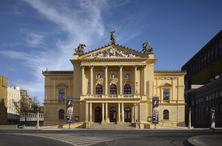 Exterior view of the State Opera House building in Prague.