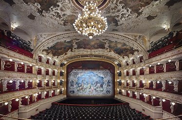Interior view of the main concert hall at the State Opera House in Prague.