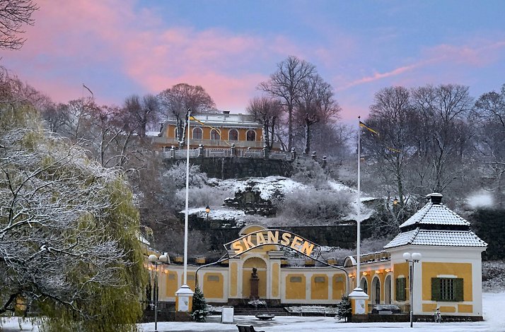Entrance gate of the Skansen museum during winter