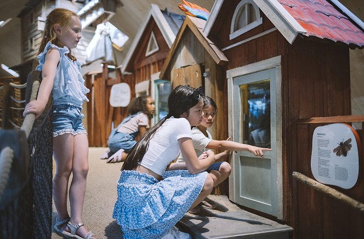 A group of kids learning about beetles in the insectarium of the children's zoo of Skansen