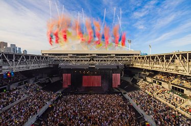 Panoramic view of a concert at John Cain Arena.