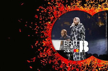 Banner of BRIT awards with a performer on stage with a pianist.