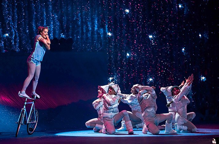 Acrobats on stage for 'Twas the Night Before...' show at Cirque du Soleil's International Headquarters.