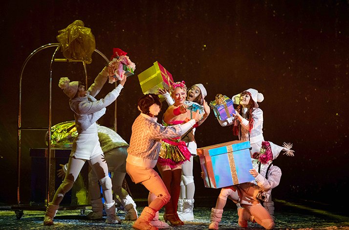 Acrobats on stage for 'Twas the Night Before...' show at Cirque du Soleil's International Headquarters.