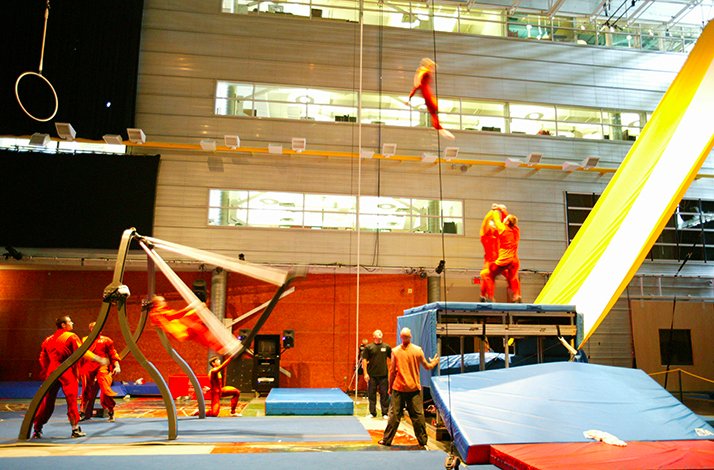 Acrobats rehearsing for 'Twas the Night Before...' show at Cirque du Soleil's International Headquarters.