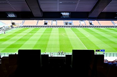 View on the football field from sky box seats at San Siro Stadium.